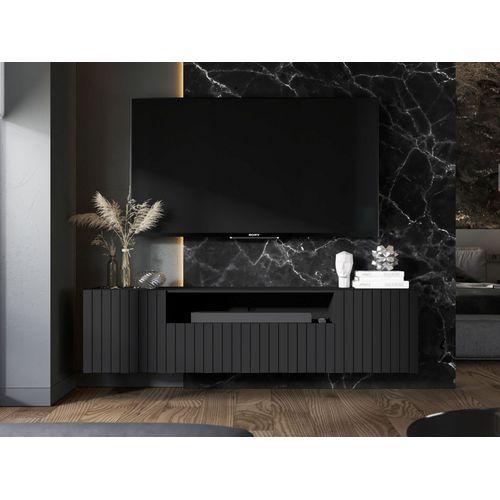 Meuble TV Suspendu Elpis Façades Rainurées Noir Mat 150 Cm