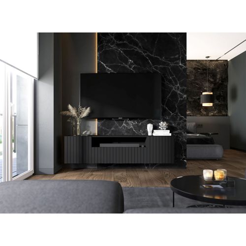 Meuble TV Suspendu Elpis Façades Rainurées Noir Mat 150 Cm