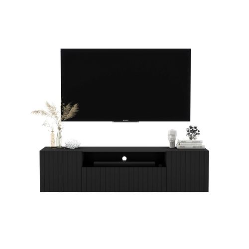 Meuble TV Suspendu Elpis Façades Rainurées Noir Mat 150 Cm