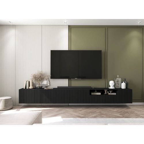 Meuble TV Suspendu Elpis Façades Rainurées Noir Mat 150 Cm