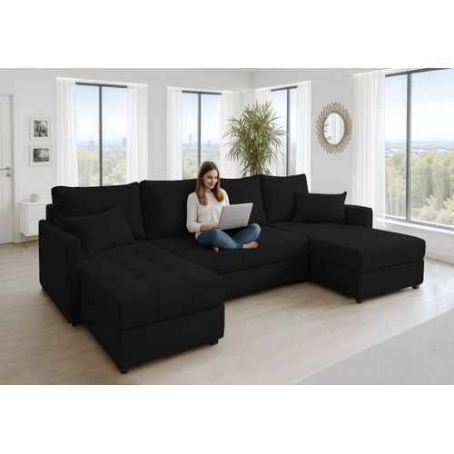 Canapé Panoramique En Tissu Noir Dolceo U 287/140/73 Cm - Avec Coffre Et Fonction Lit