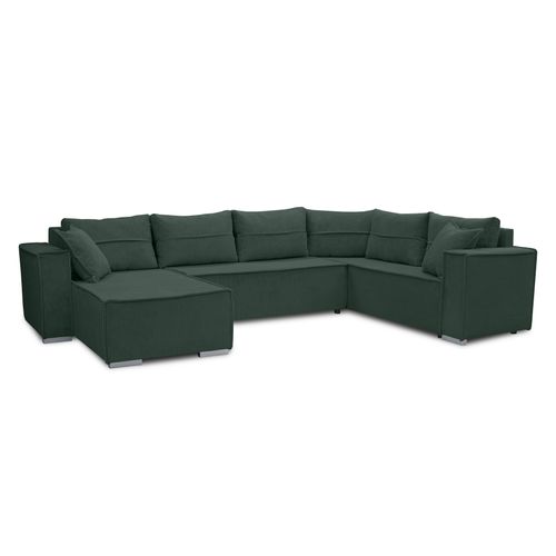 Canapé Panoramique En Velours Côtelé Vert Lovere U 314/217/90 Cm - Avec Coffre Et Fonction Lit