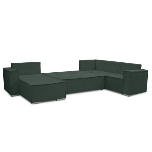 Canapé Panoramique En Velours Côtelé Vert Lovere U 314/217/90 Cm - Avec Coffre Et Fonction Lit