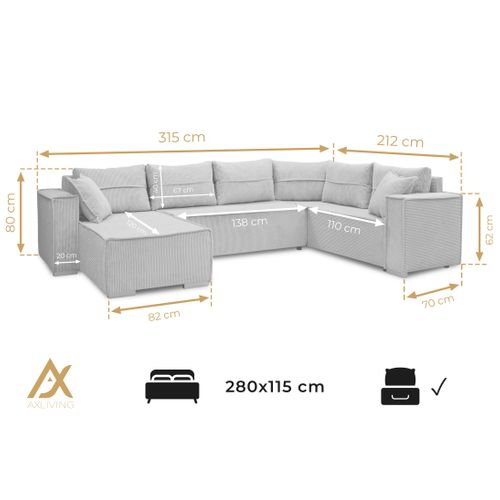 Canapé Panoramique En Velours Côtelé Beige Lovere U 314/217/90 Cm - Avec Coffre Et Fonction Lit