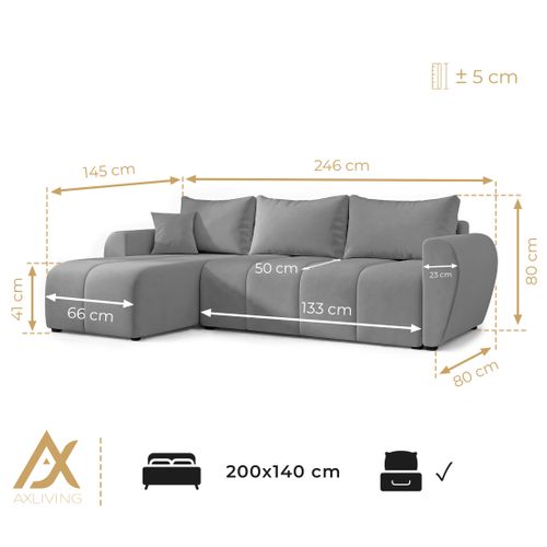 Canapé D'angle Gauche En Tissu Noir Malatya 246/145/82 Cm - Avec Coffre Et Fonction Lit