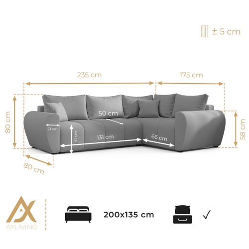 Canapé D'angle Droit En Tissu Gris Malatya L 235/175/82 Cm - Avec Coffre Et Fonction Lit