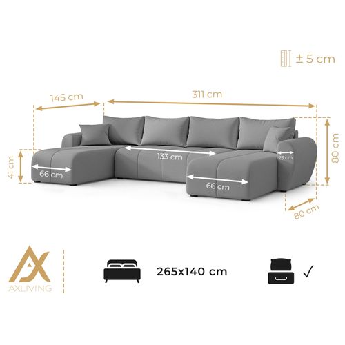 Canapé Panoramique En Tissu Gris Clair Malatya U 311/145/82 Cm - Avec Coffre Et Fonction Lit