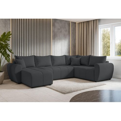 Canapé Panoramique Droit En Tissu Gris Malatya U 303/208/82 Cm - Avec Coffre Et Fonction Lit