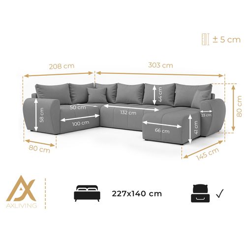 Canapé Panoramique Droit En Tissu Gris Malatya U 303/208/82 Cm - Avec Coffre Et Fonction Lit