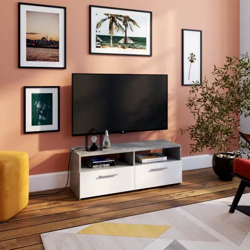 Meuble TV RANA Effet béton / blanc vue d'ambiance 1