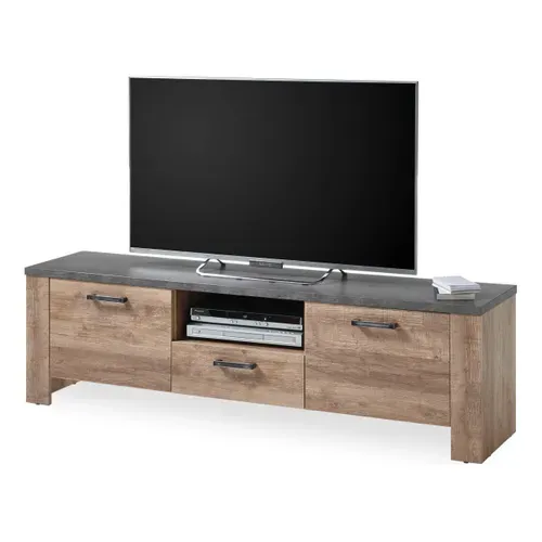 Meuble TV ANVERS imitation chêne vieili/ béton vue de profil