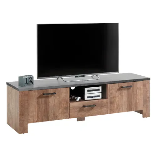 Meuble TV ANVERS imitation chêne vieili/ béton vue 3/4