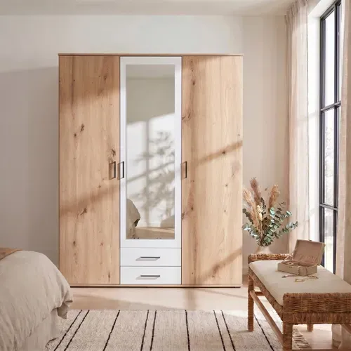 Armoire avec penderie et tiroirs L. 120 cm ARTY Blanc et imitation chêne vue d'ambiance 1