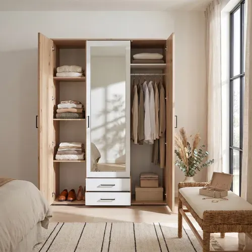 Armoire avec penderie et tiroirs L. 120 cm ARTY Blanc et imitation chêne