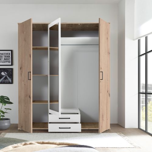 Armoire avec penderie et tiroirs L. 120 cm ARTY Blanc et imitation chêne