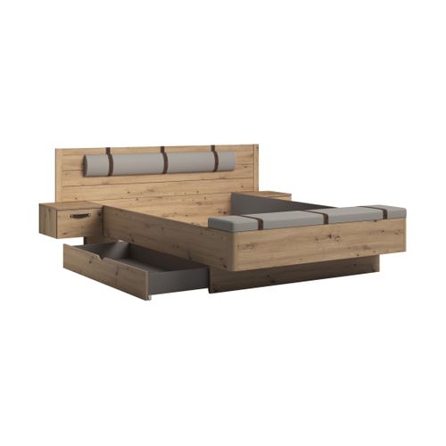 Lit 160x200 cm chevets et banc intégrés PRESTIGE imitation chêne artisan