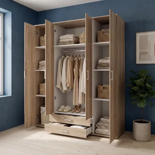 Armoire 4 portes L. 160 cm KARL imitation chêne