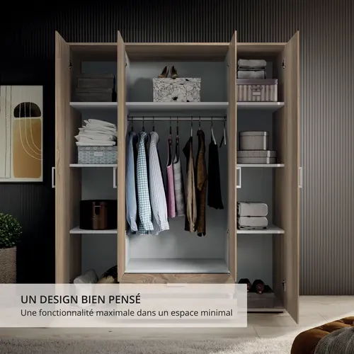 Armoire 4 portes L. 160 cm KARL imitation chêne