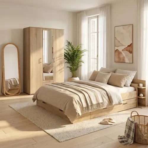Armoire 3 portes L. 120 cm KARL imitation chêne vue d'ambiance 1