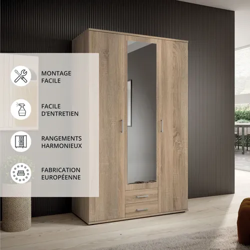Armoire 3 portes L. 120 cm KARL imitation chêne vue de profil
