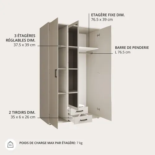 Armoire 3 portes 2 tiroirs L. 120 cm CARLOTTA grège