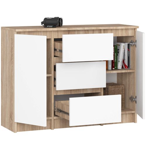 Commode K100 Chêne Sonoma 101 Cm 2 Portes 3 Tiroirs Façade Blanche 4 Étagères 101x35x76 Cm