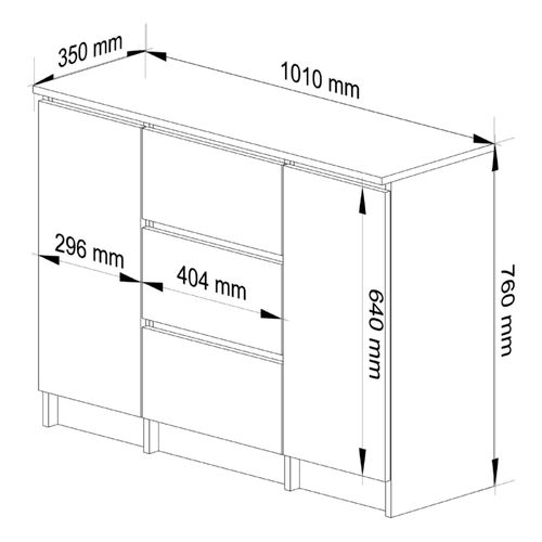 Commode K100 Chêne Sonoma 101 Cm 2 Portes 3 Tiroirs Façade Blanche 4 Étagères 101x35x76 Cm