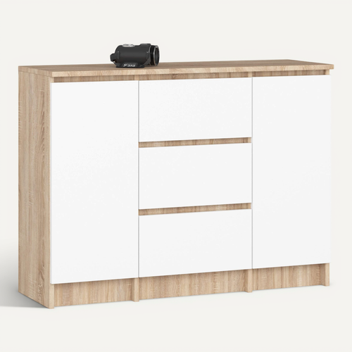 Commode K100 Chêne Sonoma 101 Cm 2 Portes 3 Tiroirs Façade Blanche 4 Étagères 101x35x76 Cm