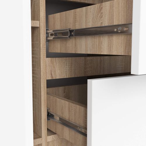 Commode K100 Chêne Sonoma 101 Cm 2 Portes 3 Tiroirs Façade Blanche 4 Étagères 101x35x76 Cm