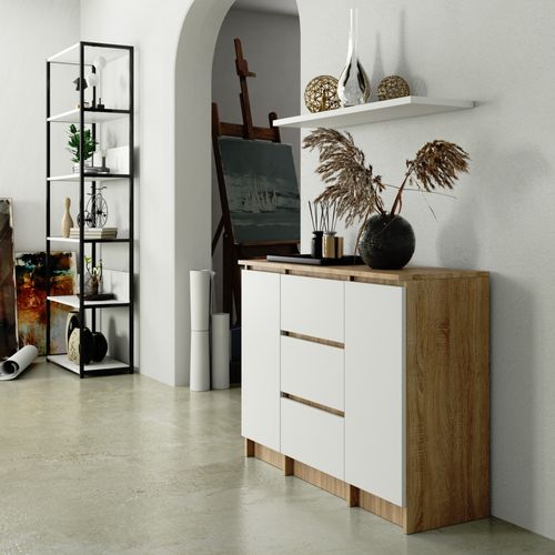 Commode K100 Chêne Sonoma 101 Cm 2 Portes 3 Tiroirs Façade Blanche 4 Étagères 101x35x76 Cm