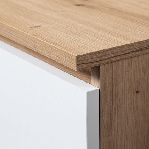 Commode K100 Chêne Artisan 101 Cm 2 Portes 3 Tiroirs Façade Blanche 6 Étagères 101x35x98 Cm