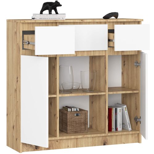 Commode K100 Chêne Artisan 101 Cm 2 Portes 3 Tiroirs Façade Blanche 6 Étagères 101x35x98 Cm