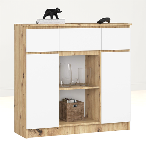 Commode K100 Chêne Artisan 101 Cm 2 Portes 3 Tiroirs Façade Blanche 6 Étagères 101x35x98 Cm