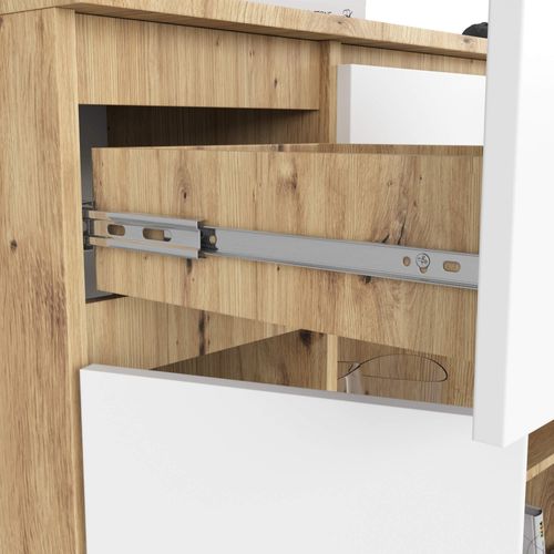Commode K100 Chêne Artisan 101 Cm 2 Portes 3 Tiroirs Façade Blanche 6 Étagères 101x35x98 Cm