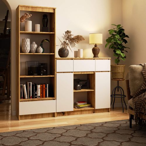Commode K100 Chêne Artisan 101 Cm 2 Portes 3 Tiroirs Façade Blanche 6 Étagères 101x35x98 Cm