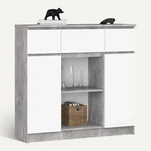 Commode K100 Béton 101 Cm 2 Portes 3 Tiroirs Façade Blanche 6 Étagères 101x35x98 Cm