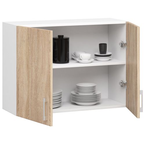 Meuble De Cuisine Haut W80 Lima Modulable Blanc 80 Cm 2 Portes Façade Chêne Sonoma 2 Étagères