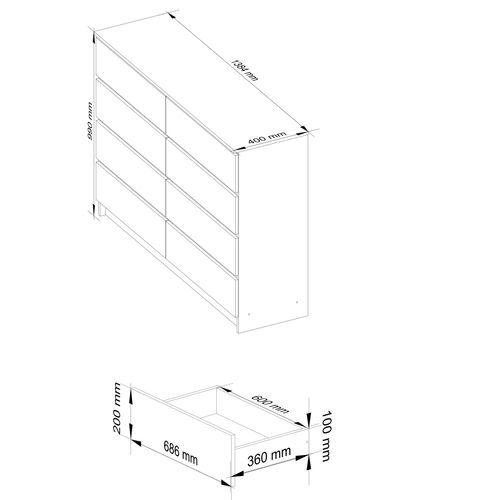 Commode Akord K140 Blanche 138 Cm 8 Tiroirs Façade Blanche 138x40x99 Cm