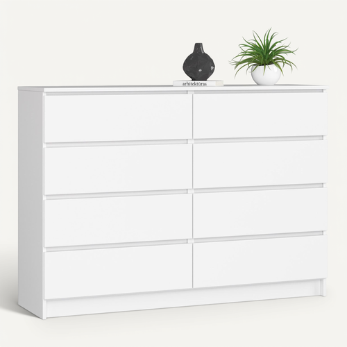 Commode Akord K140 Blanche 138 Cm 8 Tiroirs Façade Blanche 138x40x99 Cm