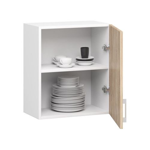 Meuble De Cuisine Haut W50 Lima Modulable Blanc 50 Cm 1 Porte Façade Chêne Sonoma 2 Étagères