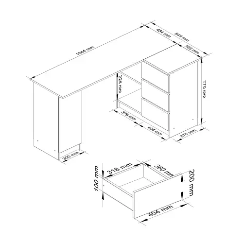 Grand Bureau D'angle Akord Droit B20 Blanc 155 Cm 1 Porte 3 Tiroirs Façade Blanche