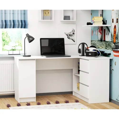 Grand Bureau D'angle Akord Droit B20 Blanc 155 Cm 1 Porte 3 Tiroirs Façade Blanche