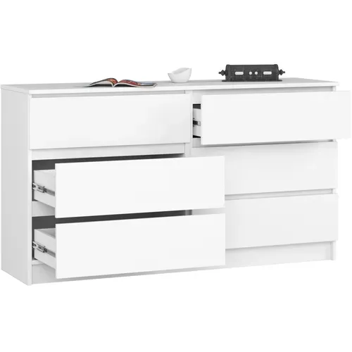 Commode Akord K140 Blanche 138 Cm 6 Tiroirs Façade Blanche 138x40x77 Cm