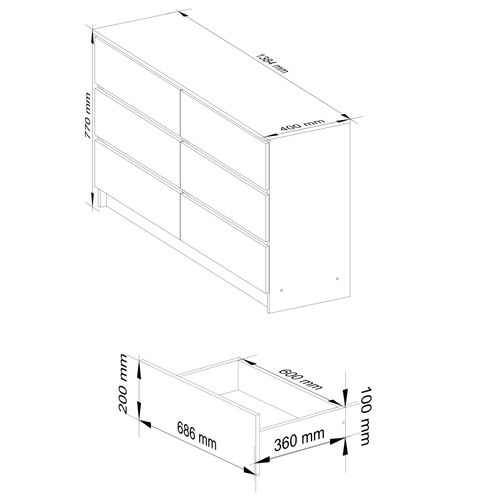 Commode Akord K140 Blanche 138 Cm 6 Tiroirs Façade Blanche 138x40x77 Cm