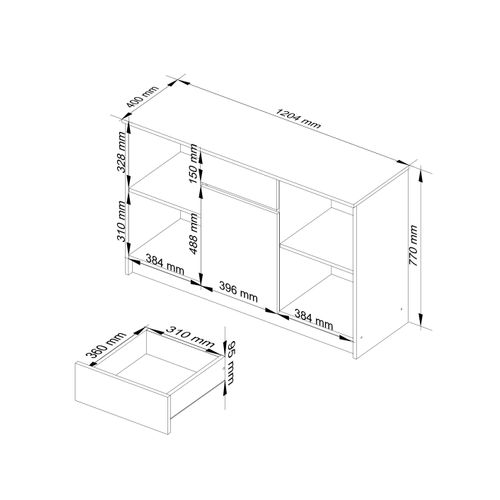 Commode B17 Blanche 120 Cm 1 Porte 1 Tiroir Façade Blanche 6 Étagères 120x40x77 Cm