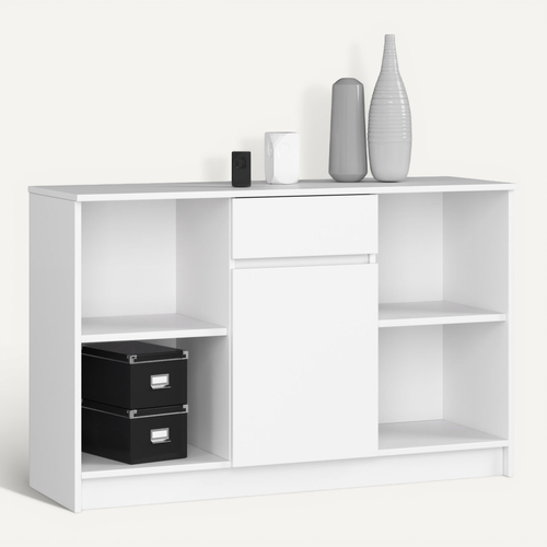 Commode B17 Blanche 120 Cm 1 Porte 1 Tiroir Façade Blanche 6 Étagères 120x40x77 Cm