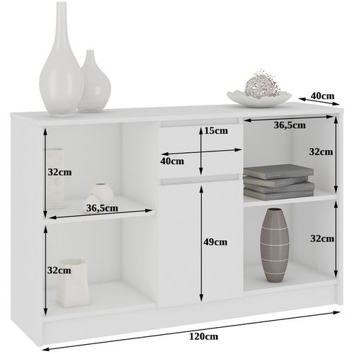 Commode B17 Blanche 120 Cm 1 Porte 1 Tiroir Façade Blanche 6 Étagères 120x40x77 Cm