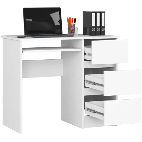 Bureau D'ordinateur Droit A6 Blanc 90 Cm 3 Tiroirs Façade Blanche 1 Étagère 90x50x77 Cm