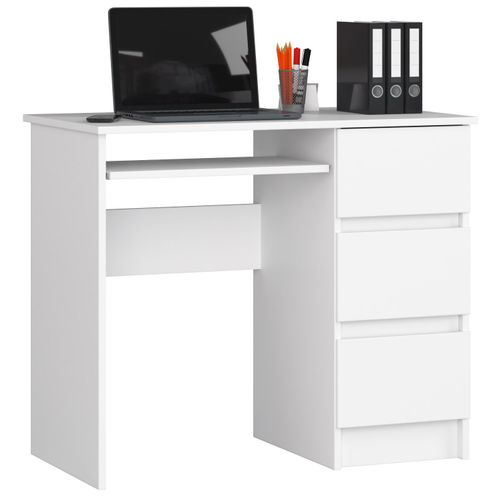 Bureau D'ordinateur Droit A6 Blanc 90 Cm 3 Tiroirs Façade Blanche 1 Étagère 90x50x77 Cm