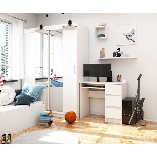 Bureau D'ordinateur Droit A6 Blanc 90 Cm 3 Tiroirs Façade Blanche 1 Étagère 90x50x77 Cm